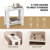 White 2-tier end table with a wide tabletop and bottom shelf, perfect for storing books and decorative items.