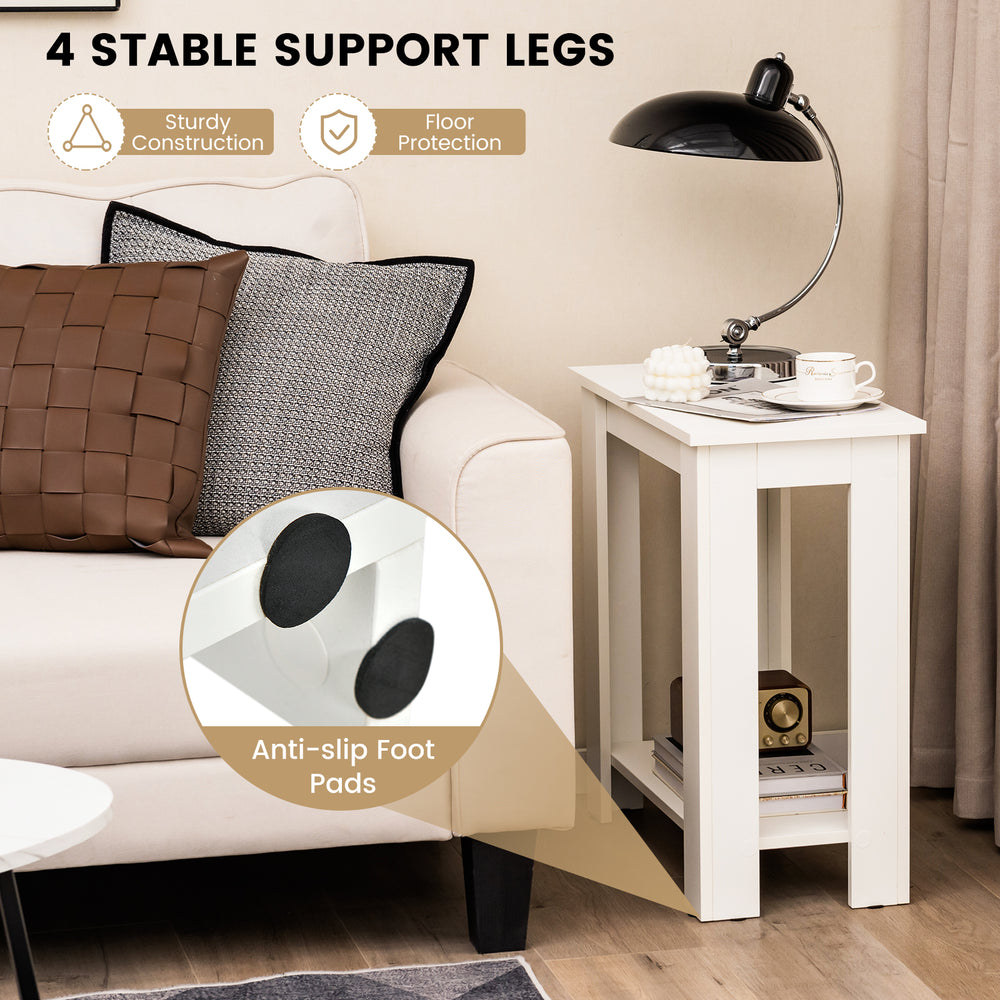 Compact white 2-tier end table with storage shelf, sturdy construction, and anti-slip foot pads for floor protection.