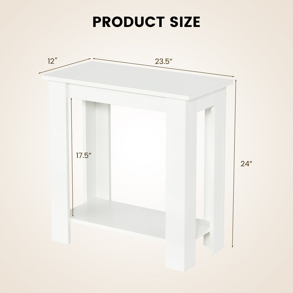 2-tier modern compact end table in white, featuring dimensions 23.5" x 12" x 24", ideal for small spaces and versatile.