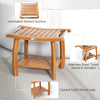 Teak wood shower bench with curved seat, stainless steel handles, and ventilated slatted surface for bathroom storage.