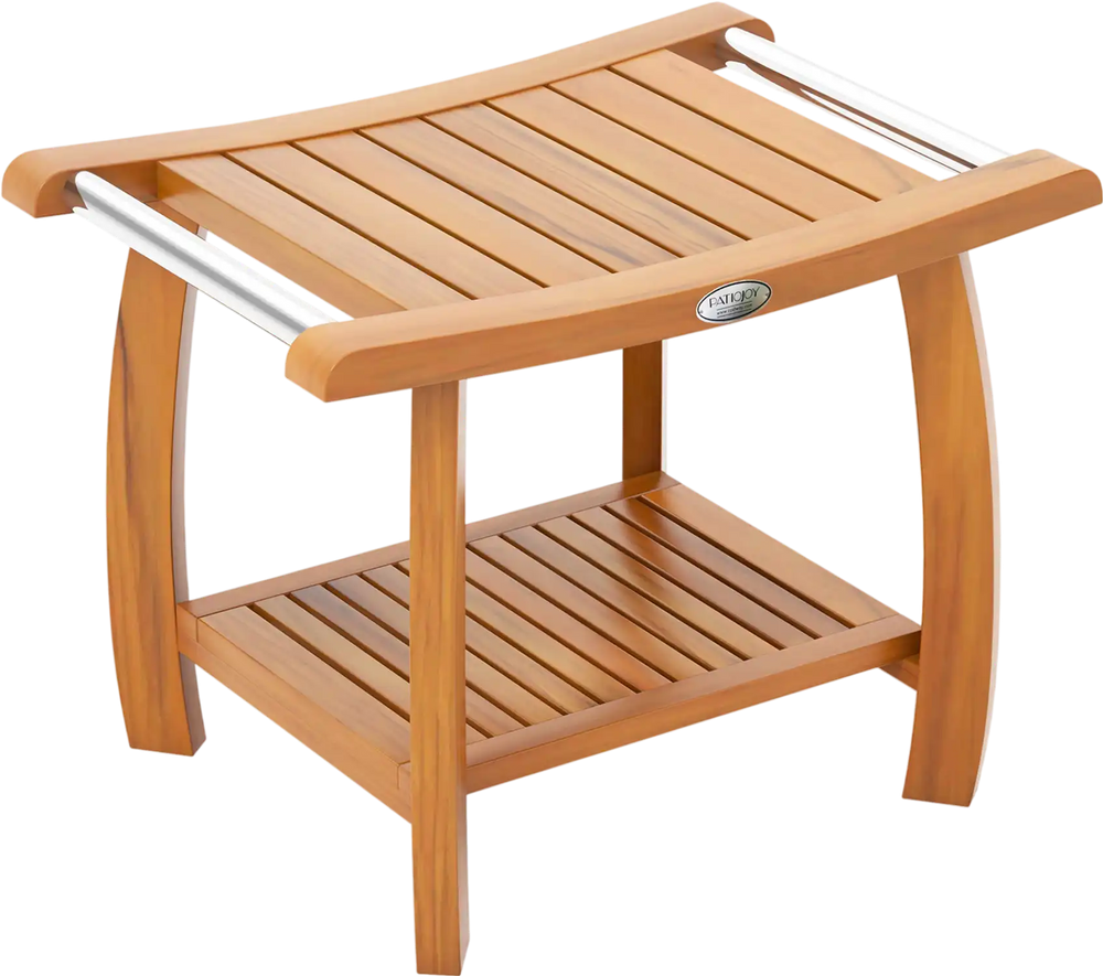 2-Tier Teak Wood Shower Bench Shower Stool with Curved Seat and Handles