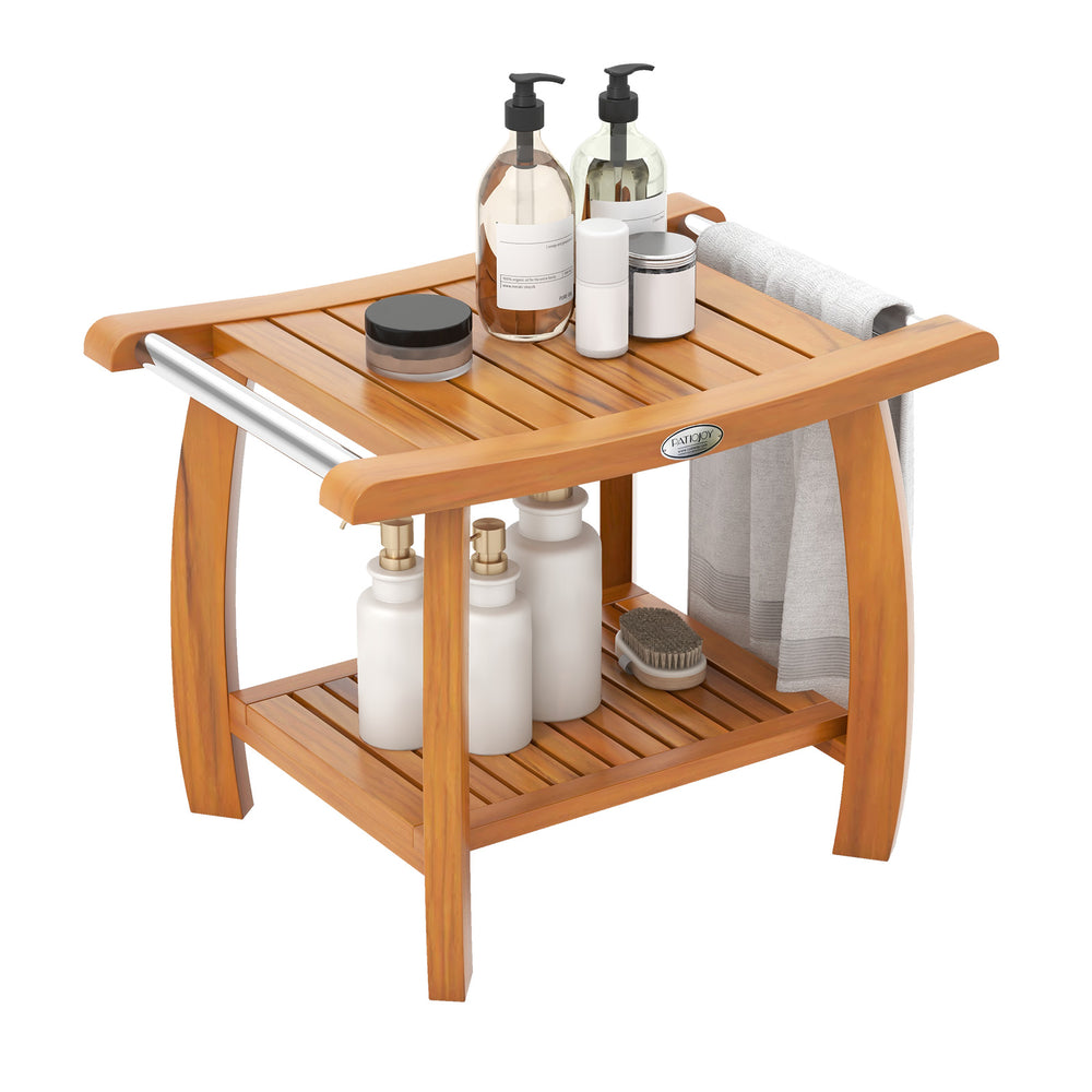 Teak wood shower bench with curved seat, double-layer shelf, and stainless steel handles, ideal for bathroom storage.