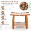 2-tier teak wood shower bench with curved seat and handles, featuring a ventilated slatted surface for drainage.