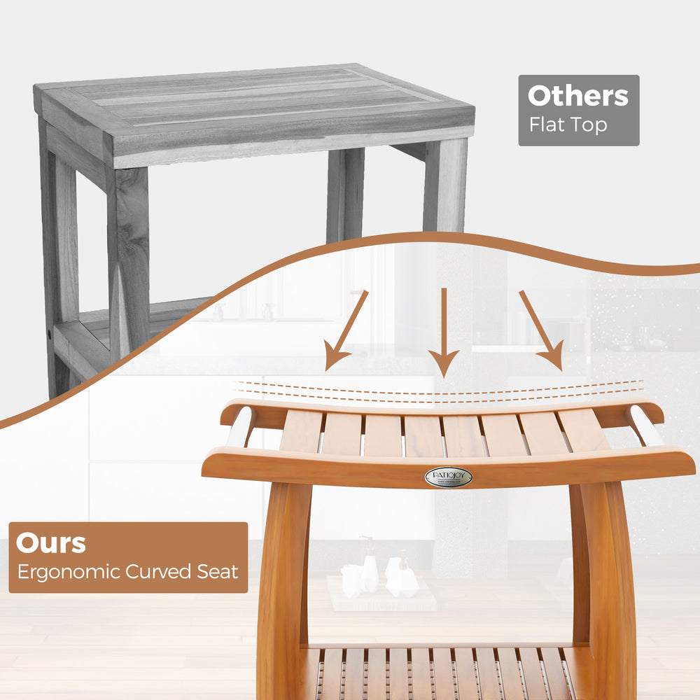 Teak wood shower bench with ergonomic curved seat, stainless steel handles, and double-layer shelf for versatile use.