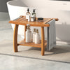Teak wood shower bench with curved seat and double-layer shelf, perfect for bathroom storage and decor.