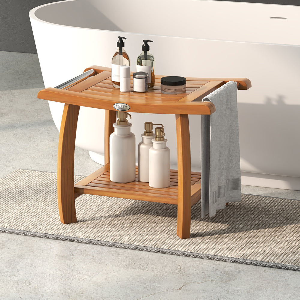 Teak wood shower bench with curved seat and double-layer shelf, perfect for bathroom storage and decor.