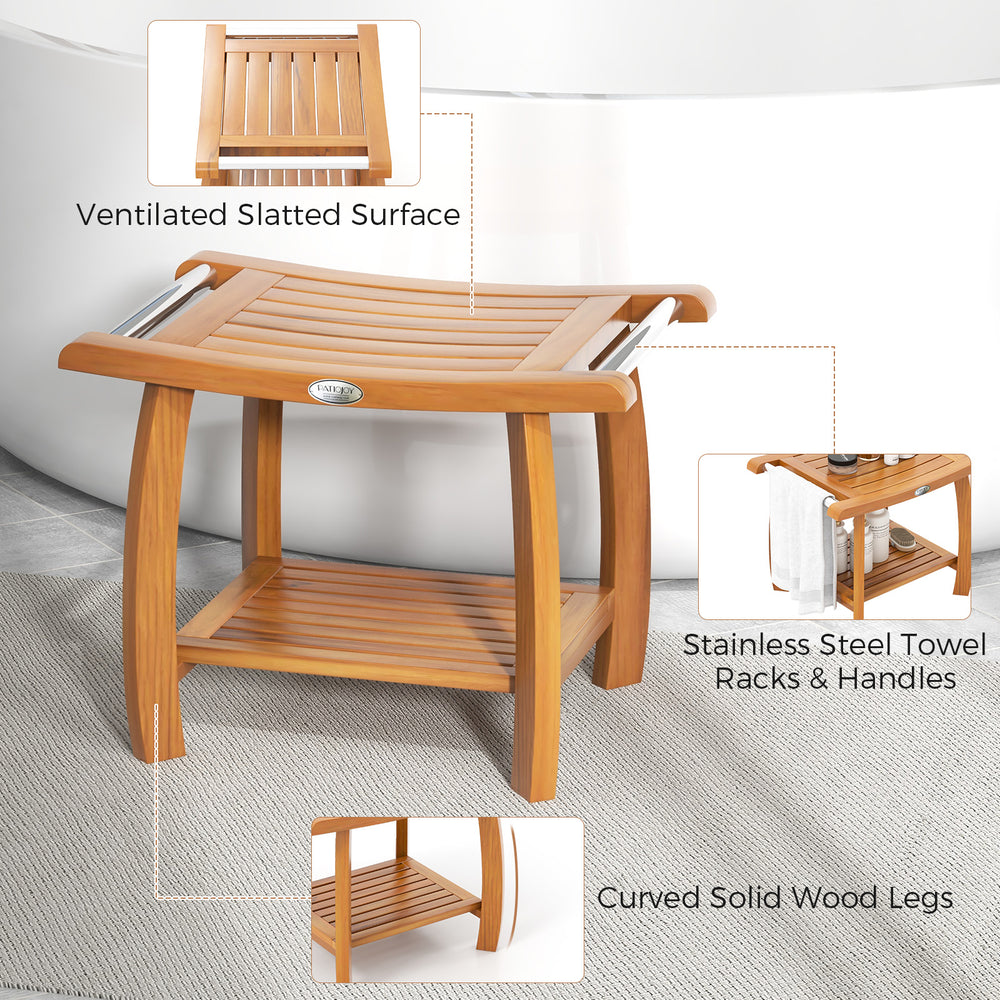 2-tier teak wood shower bench with curved seat, stainless steel towel racks, and ventilated slatted surface for.