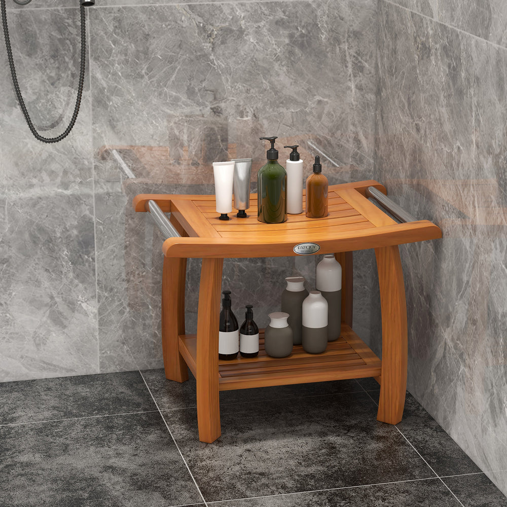 Teak wood shower bench with curved seat, double-layer shelf, and stainless steel handles for bathroom storage.