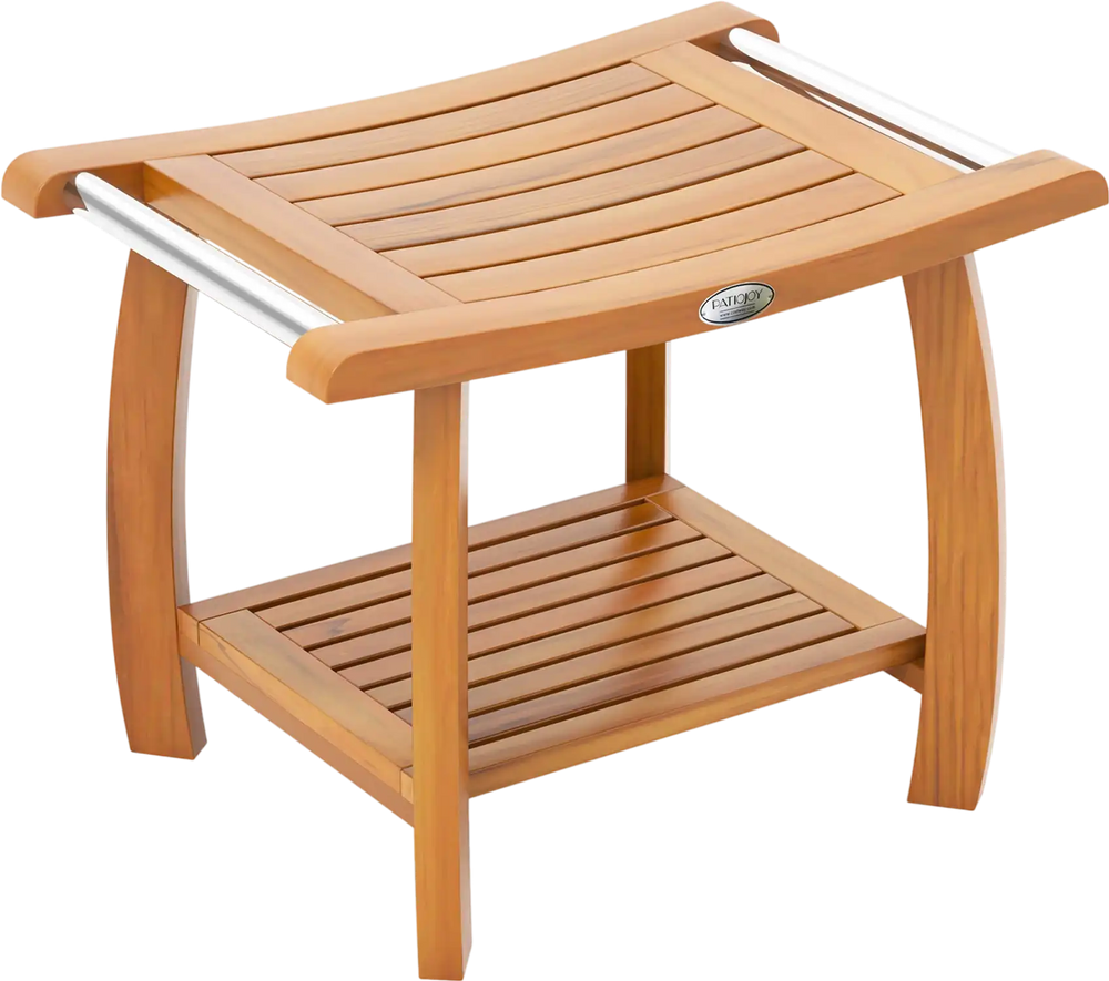 2-Tier Teak Wood Shower Bench Shower Stool with Curved Seat