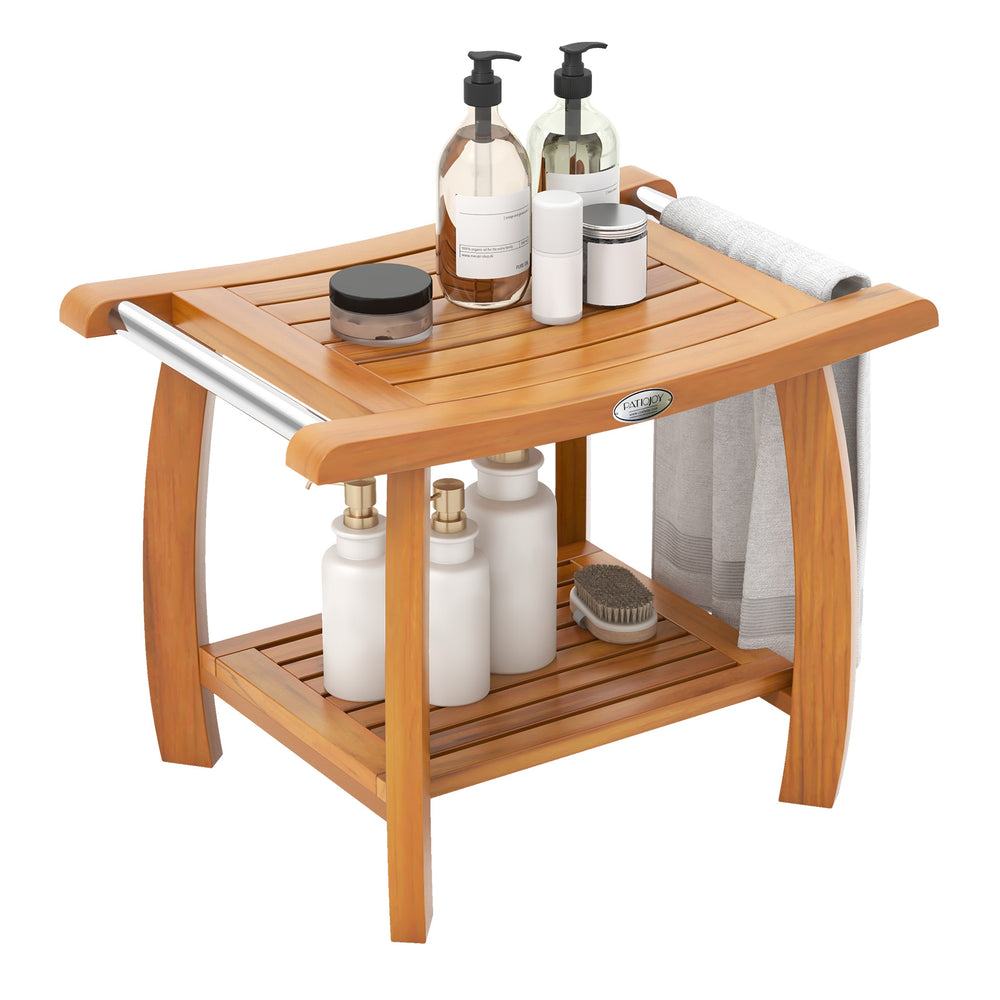 Teak wood shower bench with curved seat, double-layer shelf, and stainless steel towel rack for versatile storage.