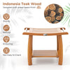 2-tier teak wood shower bench with curved seat, slatted surface, and stainless steel towel racks for versatile use.