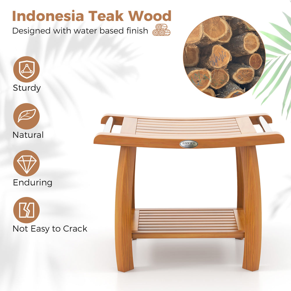 2-tier teak wood shower bench with curved seat, slatted surface, and stainless steel towel racks for versatile use.