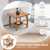 2-tier teak wood shower bench with curved seat and open shelf, perfect for storing towels and shower supplies.