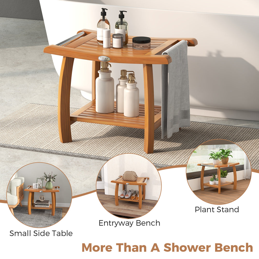 2-tier teak wood shower bench with curved seat, stainless steel towel rack, perfect for bathrooms or as a side table.