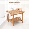 2-Tier teak wood shower bench with curved seat, supporting 350 lbs, featuring a ventilated slatted surface and.