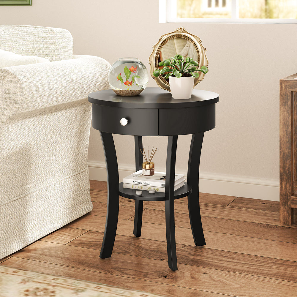 2-Tier Wood Round End Table with Open Drawer-Black - Gallery View 1 of 11