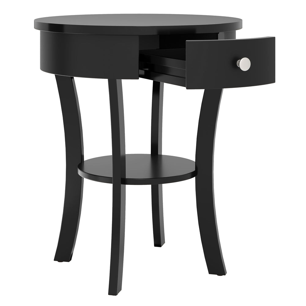 Round black end table with open drawer and shelf, made of MDF, perfect for bedside or living room use.