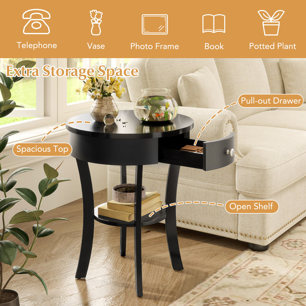 Black 2-tier wood round end table showcasing a spacious top and pull-out drawer, perfect for versatile home.
