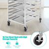 10-tier aluminum rolling bakery pan rack with smooth edges, featuring lockable wheels for easy mobility and storage.