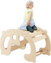Montessori 2-in-1 rocking horse arch for kids, made of natural wood, featuring a supportive backrest and safe design.