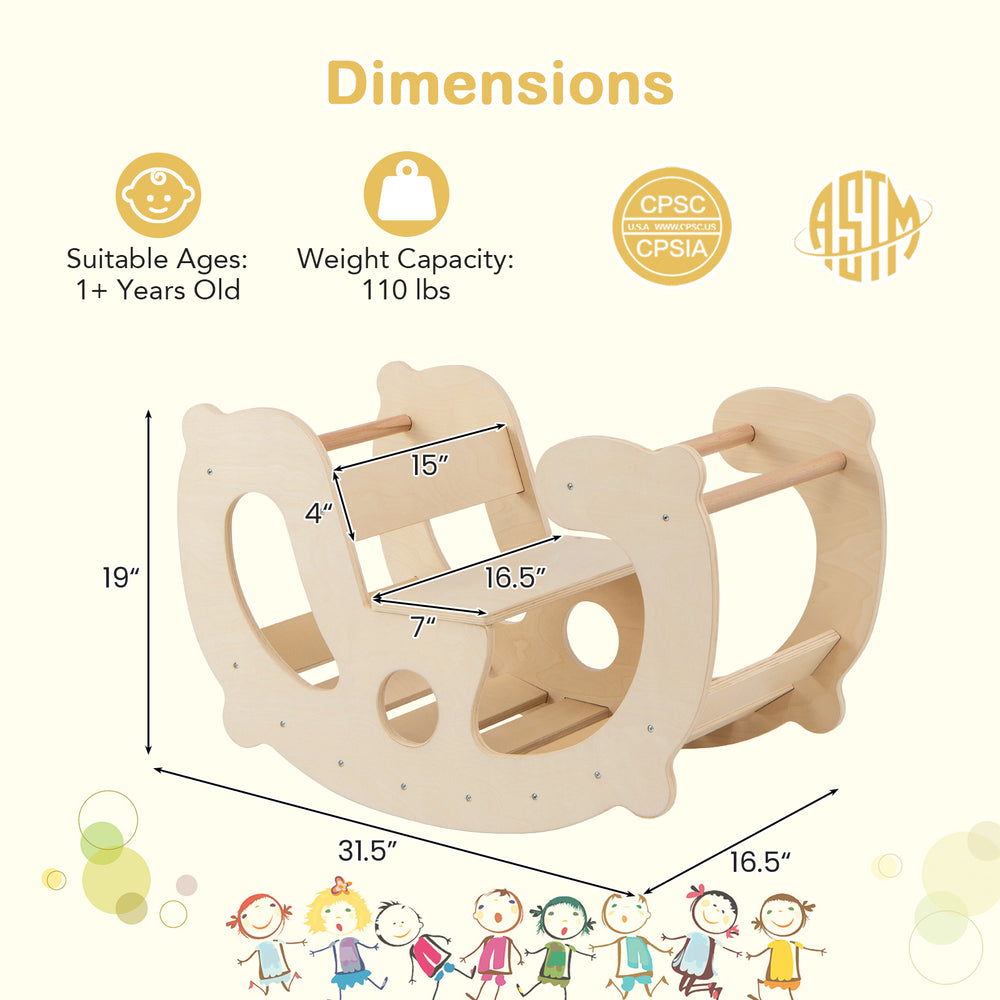 2-in-1 rocking horse arch for kids with supportive backrest, safe edges, and a cute dolphin design for playrooms.