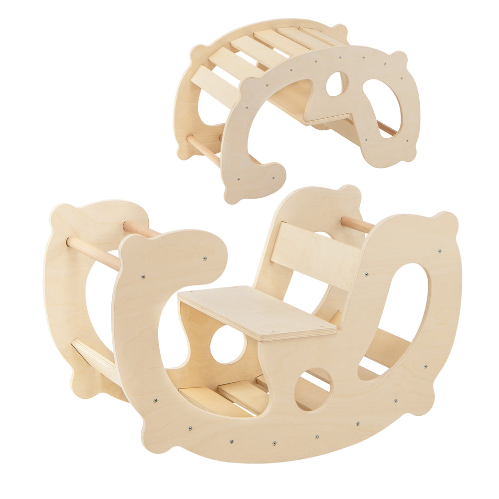 Natural wood 2-in-1 rocking horse with supportive backrest and handle, ideal for kids' playrooms and physical.