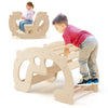 2-in-1 rocking horse and climbing arch for kids, made of natural wood, promoting balance and motor skills in playrooms.