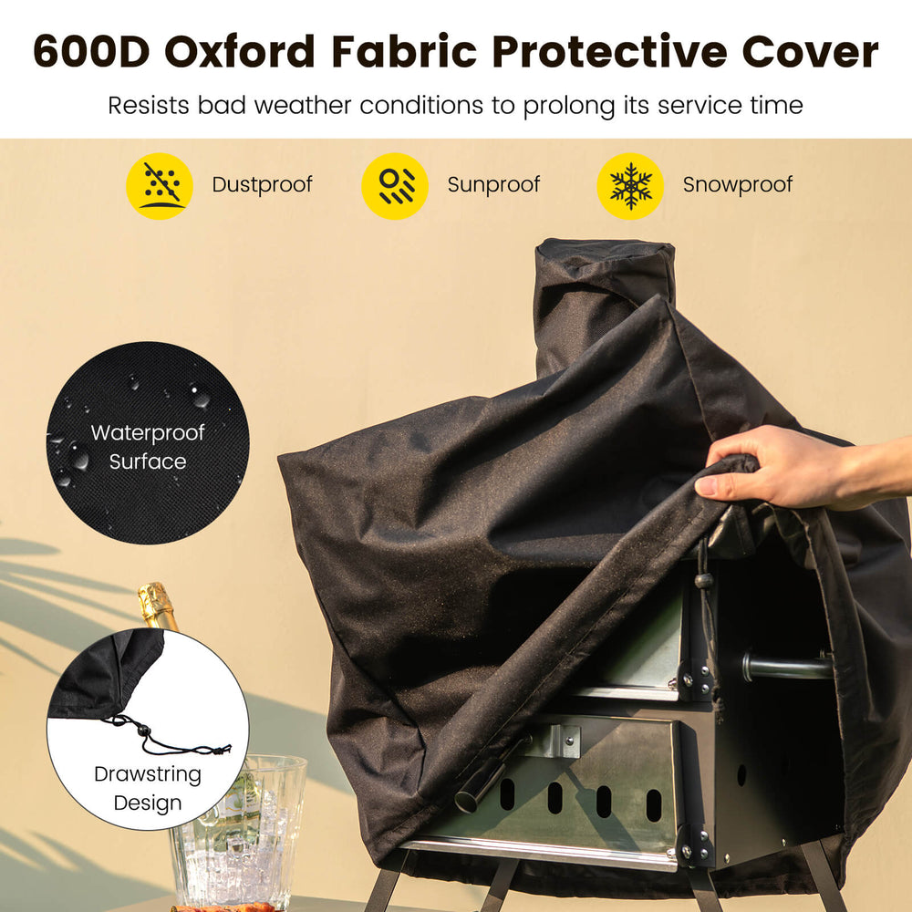 Outdoor pizza oven with waterproof 600D oxford fabric cover, featuring anti-scalding handles and foldable legs for easy.