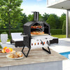 Outdoor pizza oven with foldable legs and anti-scalding handles, designed for cooking two pizzas simultaneously.