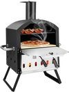 Outdoor pizza oven with foldable legs, cooking two pizzas at once, featuring anti-scalding handles for safe outdoor use.