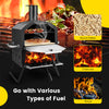 Outdoor pizza oven with foldable legs, anti-scalding handles, and a rich cooking area for versatile fuel options.