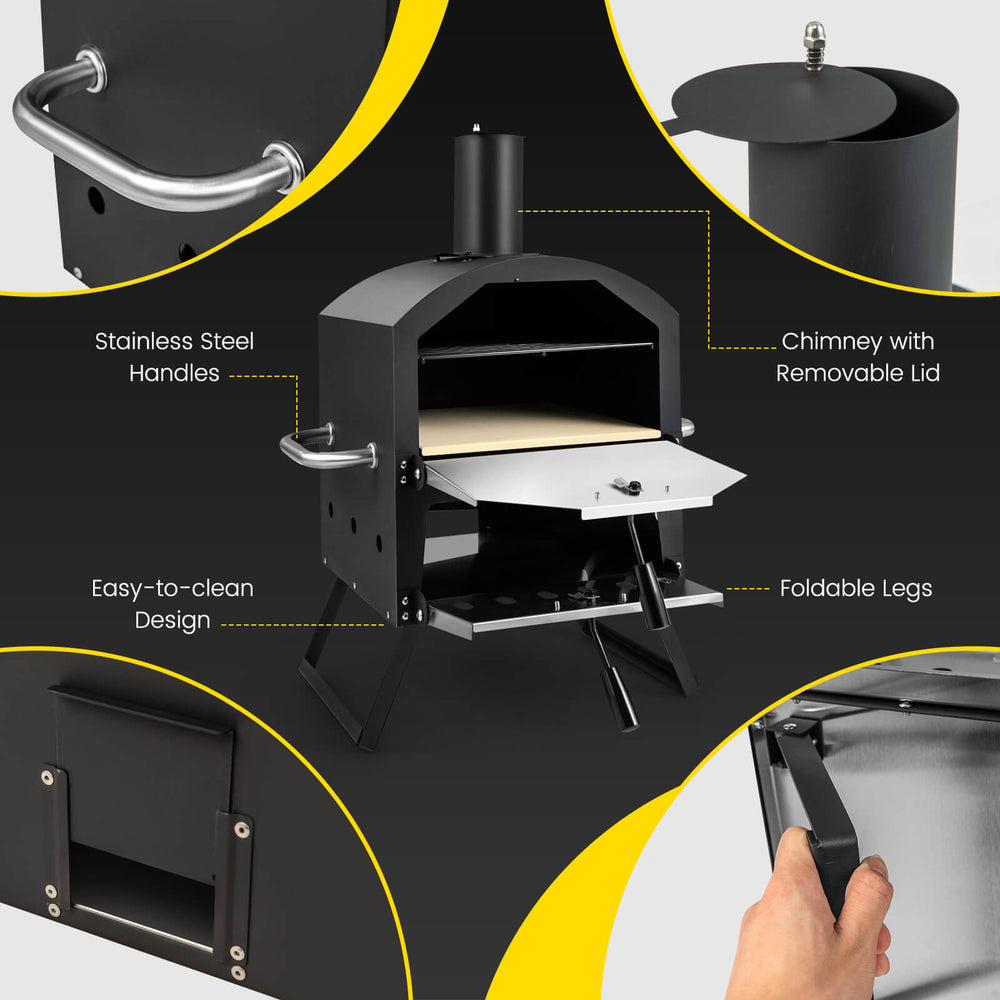 Outdoor pizza oven with removable chimney lid, stainless steel handles, and foldable legs for easy outdoor cooking.