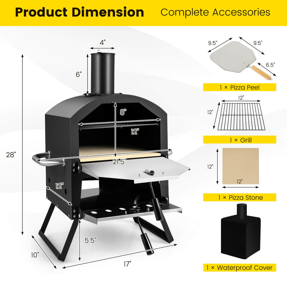 Outdoor pizza oven with foldable legs, anti-scalding handles, and complete accessories for convenient outdoor cooking.