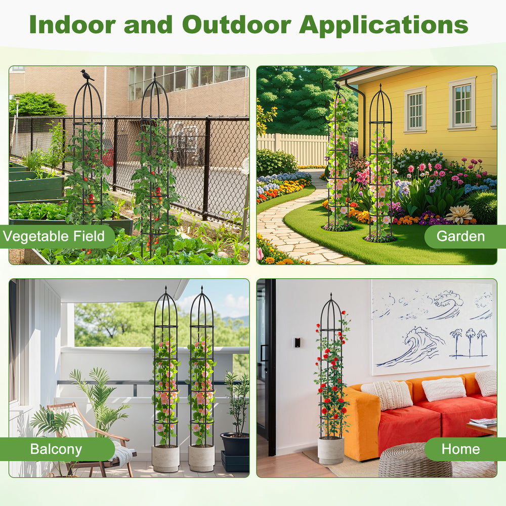 Two black garden obelisk trellises for climbing plants, featuring sturdy PE-coated metal and four height options for.