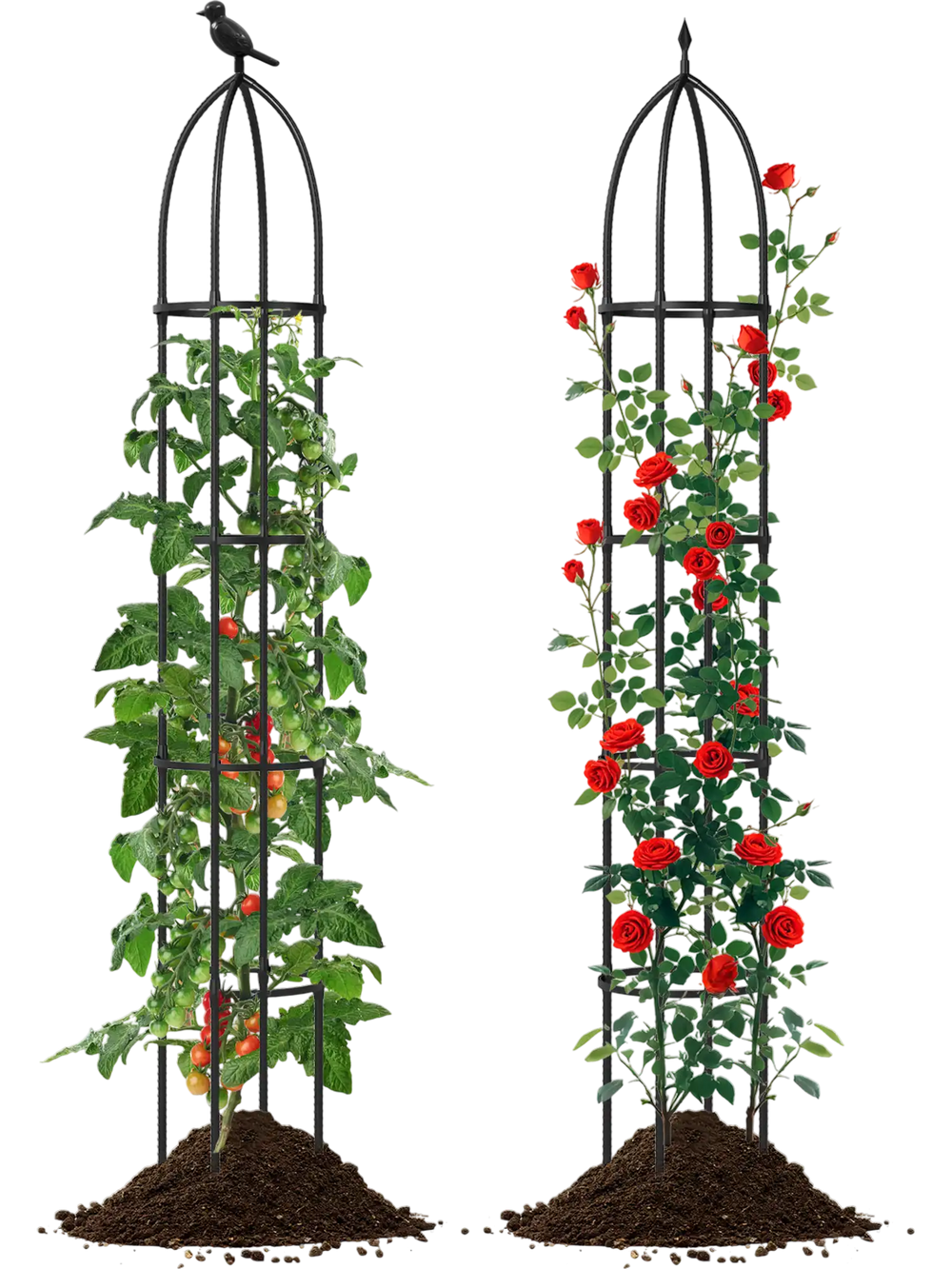 Garden obelisk trellis set for climbing plants, black metal, 69" tall, sturdy support for flowers and vegetables.