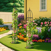 Two black garden obelisk trellises for climbing plants, featuring sturdy metal construction and decorative heads, in a.