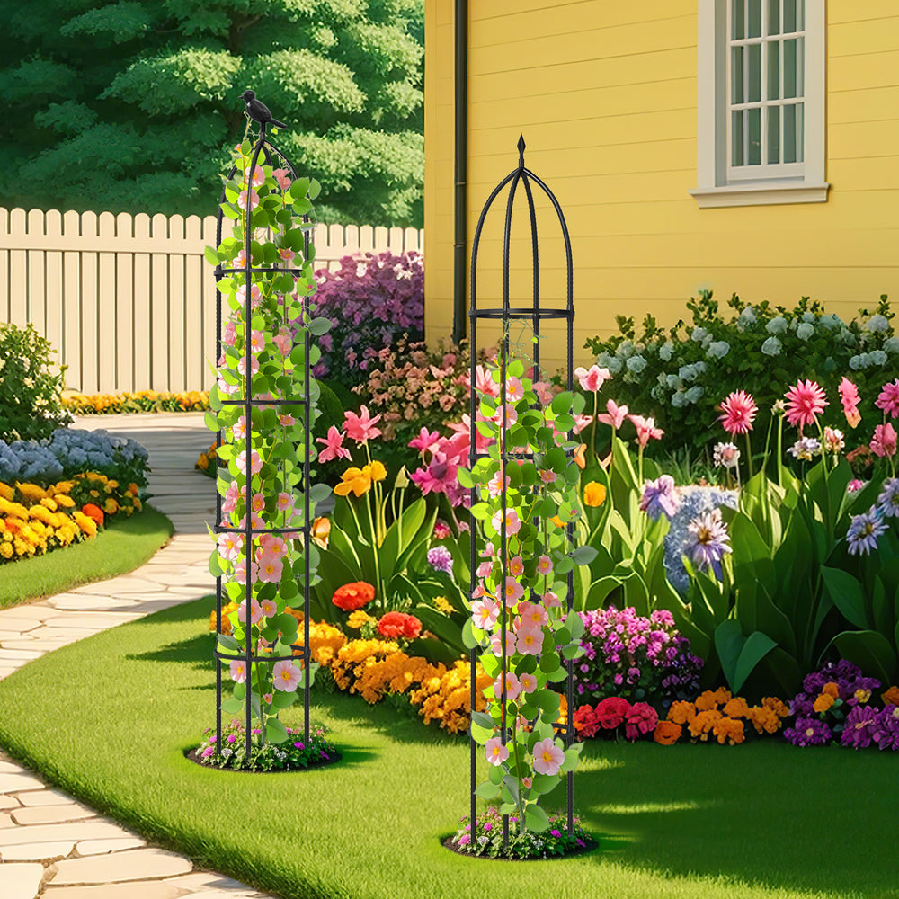 Two black garden obelisk trellises for climbing plants, featuring sturdy metal construction and decorative heads, in a.