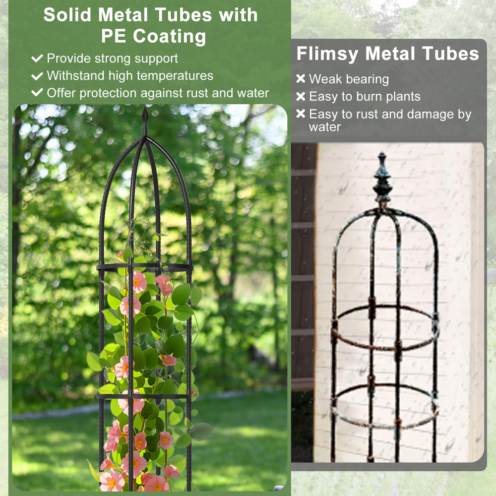 Garden obelisk trellis in black with PE-coated metal tubes, ideal for supporting climbing plants and promoting healthy.