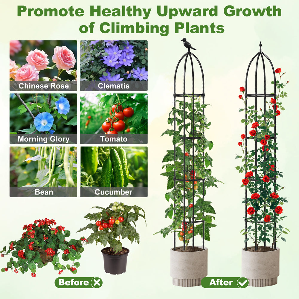 Black garden obelisk trellis for climbing plants, 69" tall, sturdy metal design, ideal for flowers and vegetables.