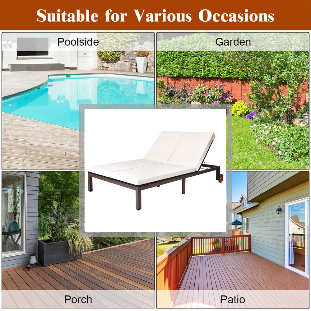 2-person patio rattan lounge chair with adjustable backrest in white, featuring a sturdy steel frame for outdoor.