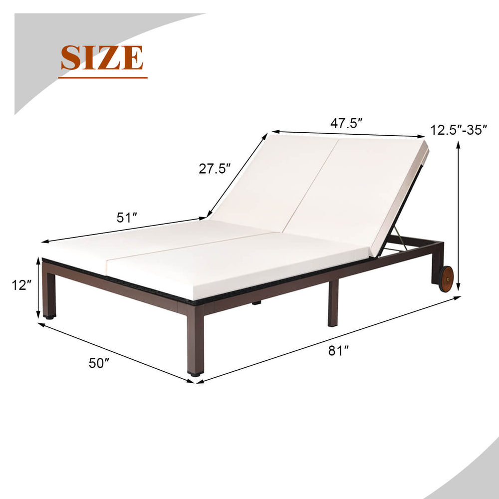 Adjustable backrest of the 2-person patio lounge chair with white cushions, featuring sturdy steel and PE rattan for.