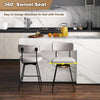 Modern 25-inch beige upholstered bar stools with 360° swivel seats, metal legs, and ergonomic backrest for kitchen use.
