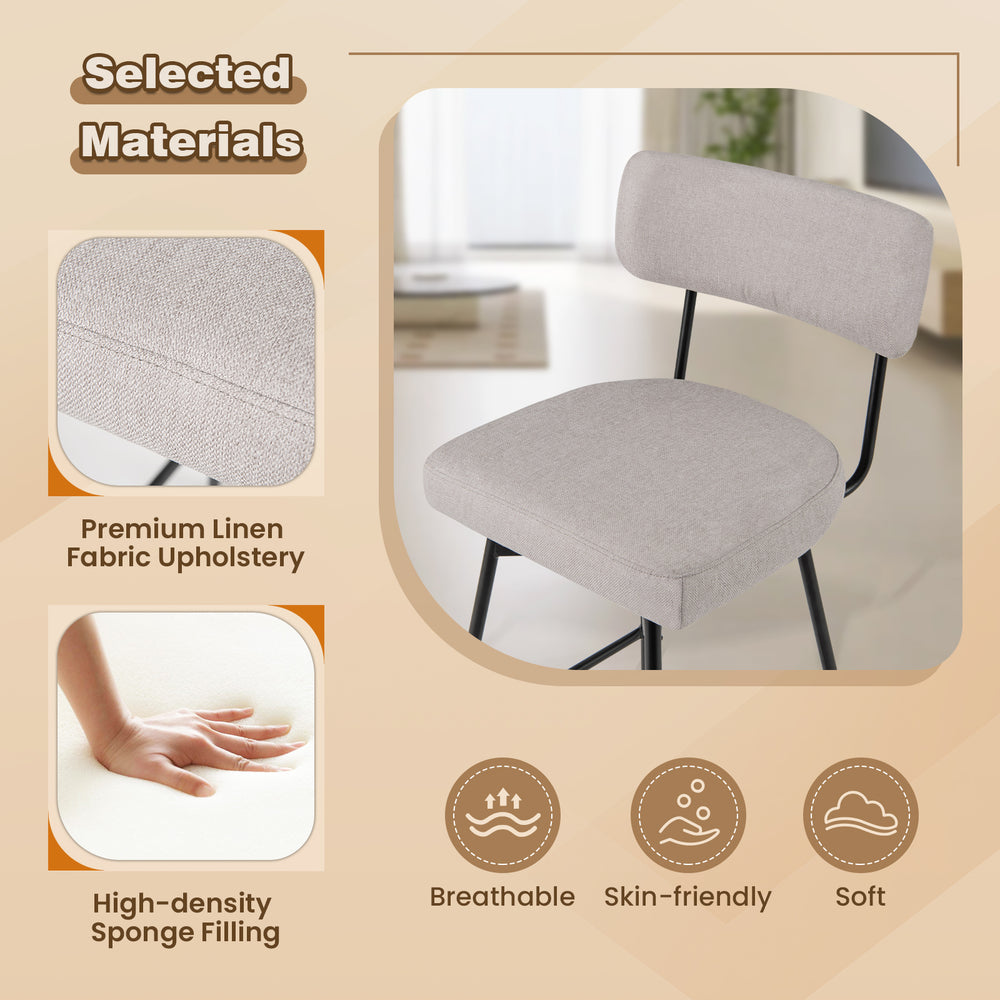 Close-up of the beige upholstered seat of a 25-inch bar stool with breathable fabric and ergonomic backrest for comfort.