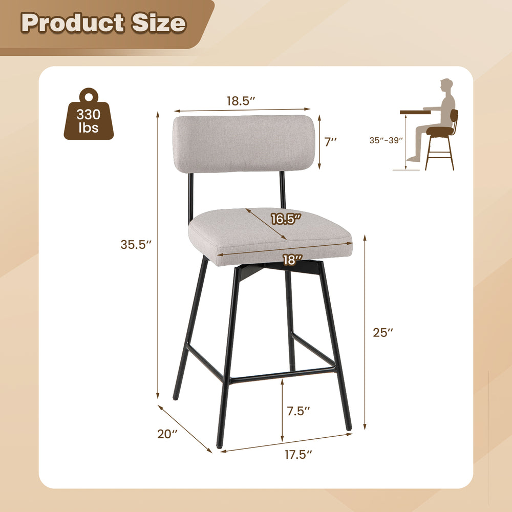Bar stool dimensions showing a 25-inch upholstered seat in beige with metal legs, ideal for kitchen islands or bars.