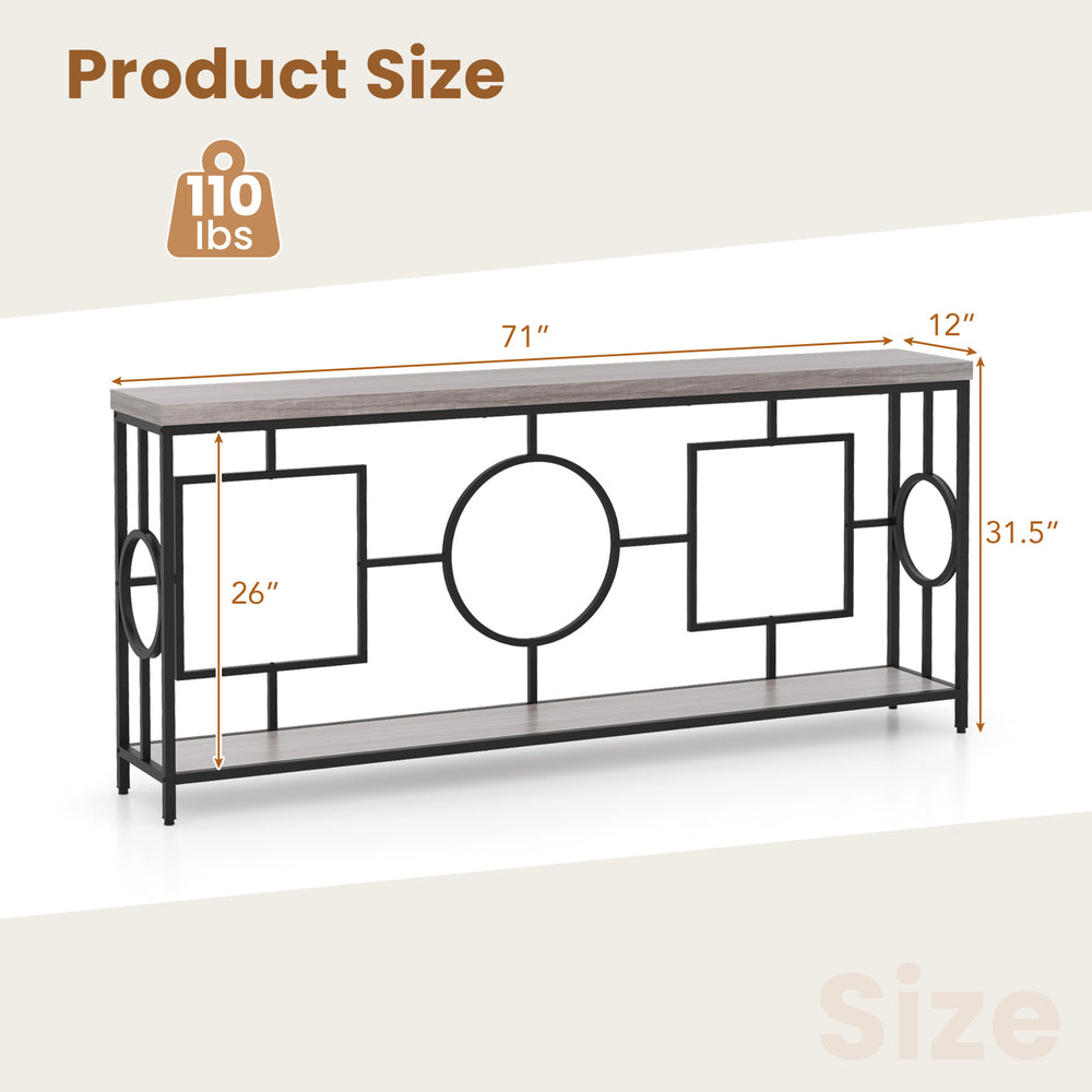 2-tier console table with faux marble top, rustic brown finish, 71" wide for hallway storage and organization.