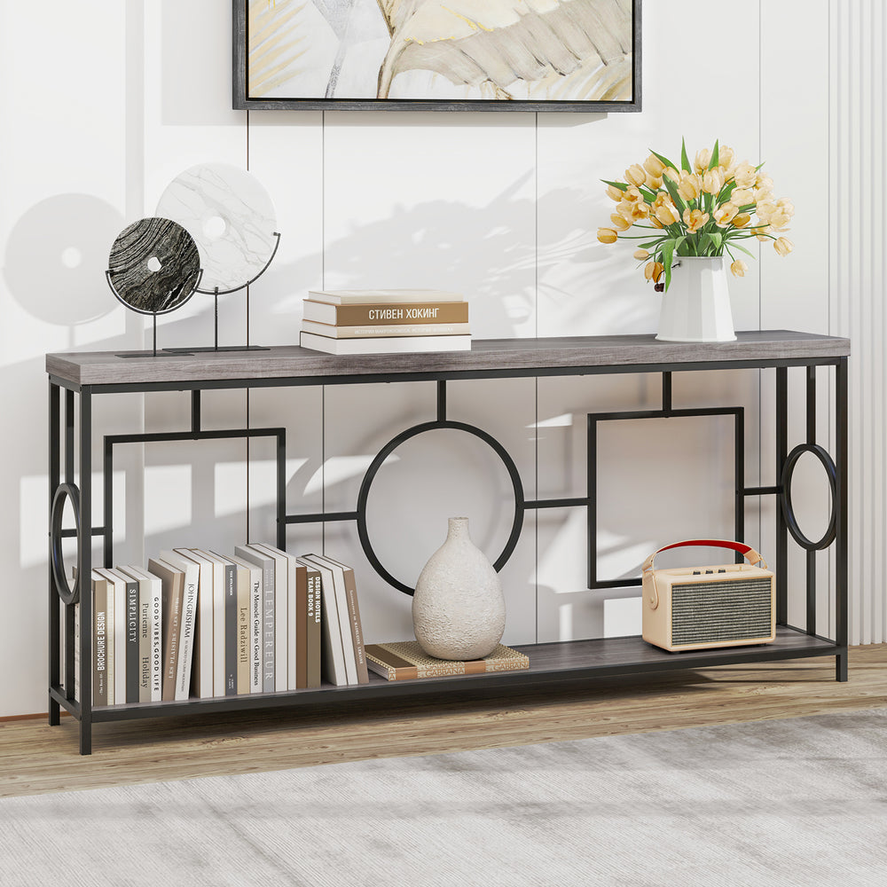2-tier console table with faux marble top, rustic brown finish, and metal frame for stylish hallway storage.