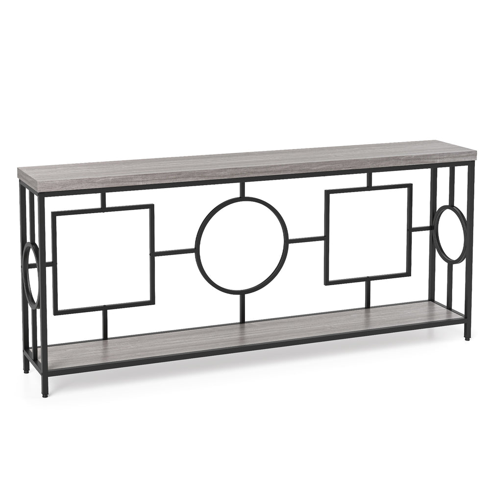 2-tier console table with faux marble top and metal frame, featuring geometric design, for hallway organization.