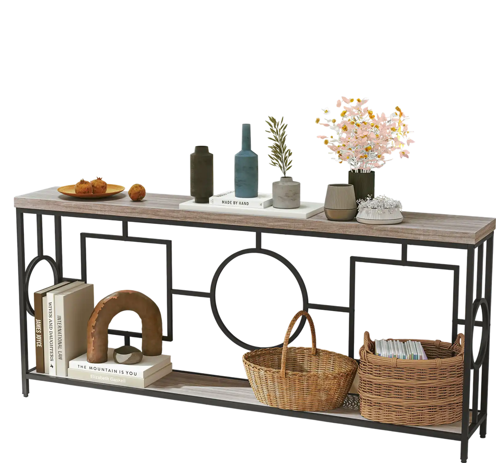 2-tier console table with faux marble top and metal frame, perfect for hallway storage and organization.