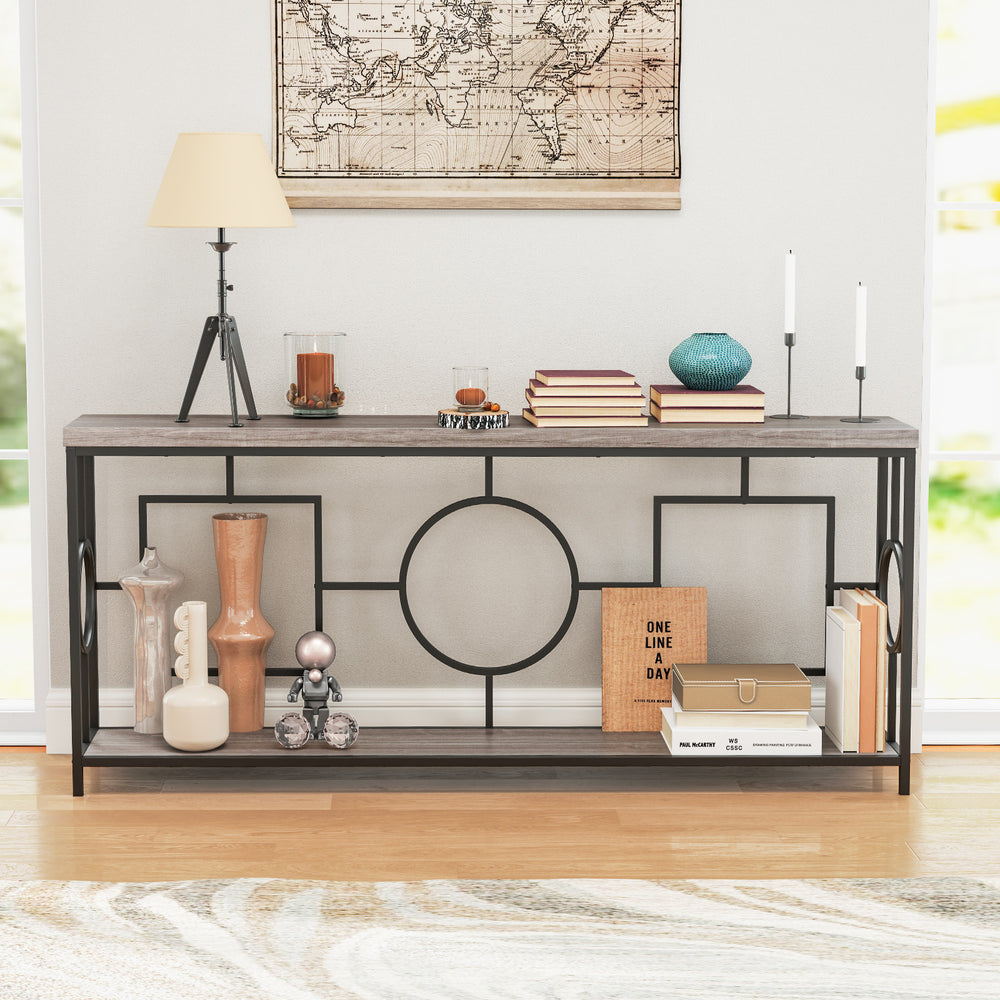2-tier console table showcasing a faux marble top with geometric design, ideal for displaying decor items in a hallway.