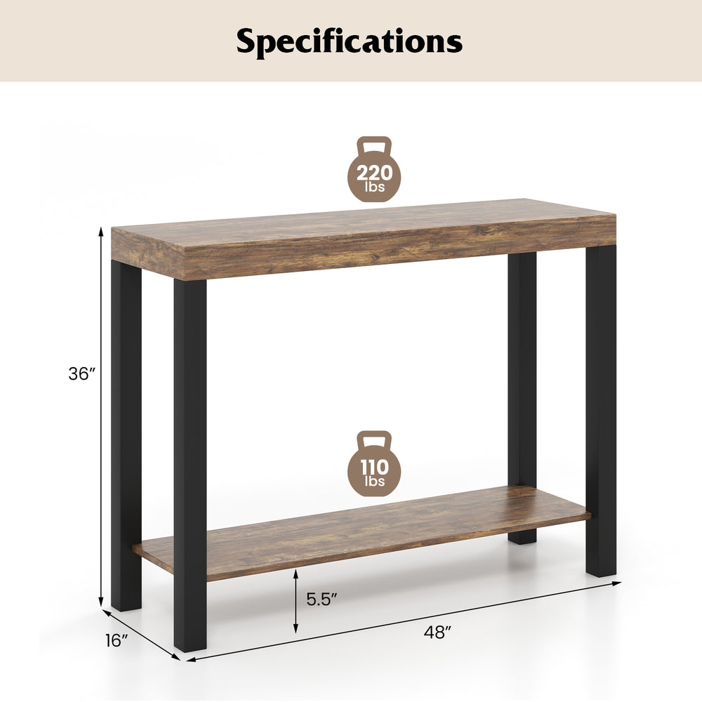 2-tier home bar table in rustic brown with open shelves, measuring 48" x 16", ideal for kitchen or living room storage.